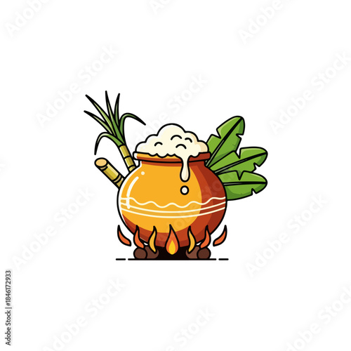 Traditional pongal pot overflowing with foam, surrounded by sugarcane and banana leaves isolated on transparent background