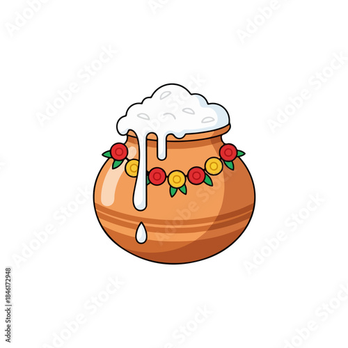 An illustration of a decorated clay pot overflowing with milk for a harvest festival isolated on transparent background