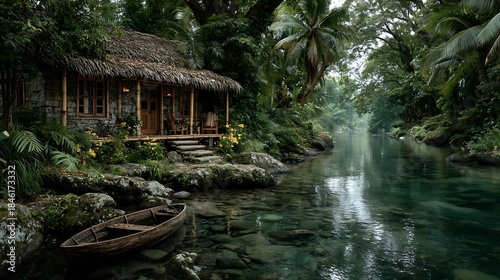 Clear river flowing near rustic bamboo hut high resolution photo