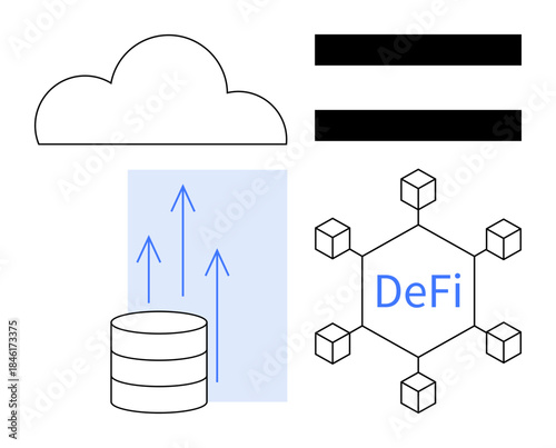 Cloud, database with upward arrows, equality sign, decentralized blockchain network labeled DeFi. Ideal for finance, technology, blockchain, cloud computing, data sharing decentralization storage