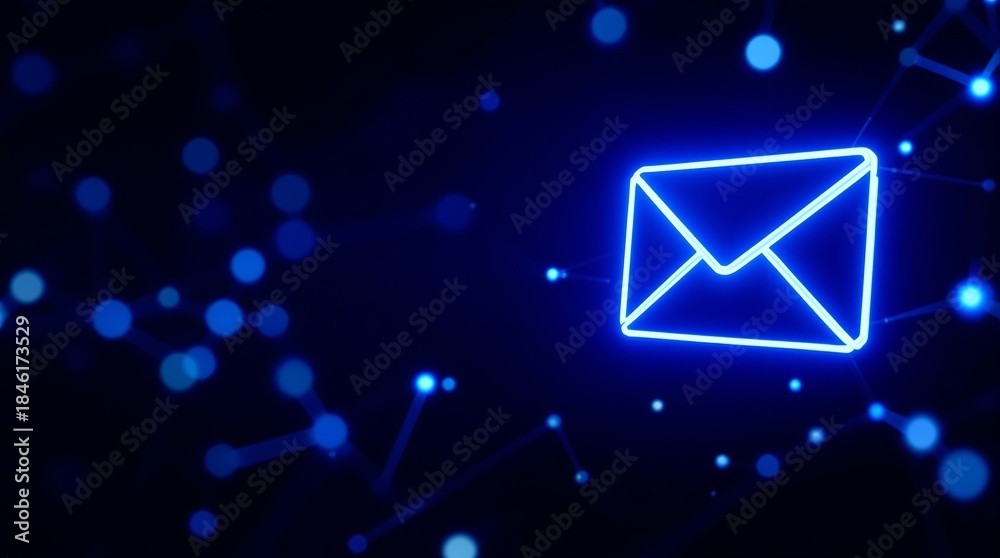 Fototapeta premium Modern email icon glowing bright blue against dark background
