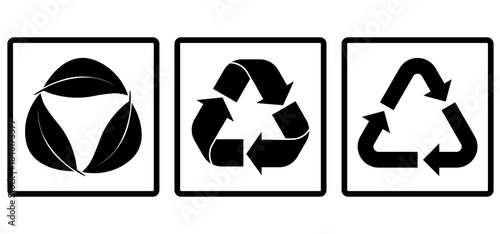 RECYCLE ICON symbol in black with new designs, leaf, reprocess, recycling, paper, glass, plastics 