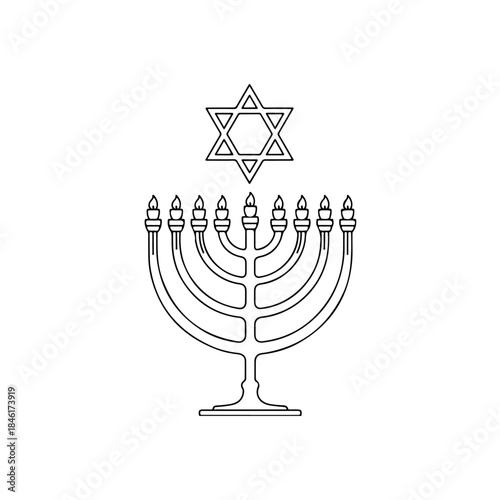 Simple black and white outline illustration of a hanukkah menorah and star of david isolated on transparent background
