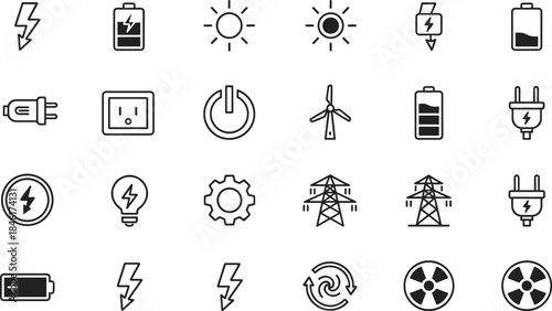 Electricity, energy, power, solar, wind, battery, plug, socket, light, bulb, turbine, gear, fan, renewable, grid, voltage, charge, icon, outline, blue