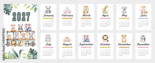 2027 kids calendar planner with cute watercolor animals