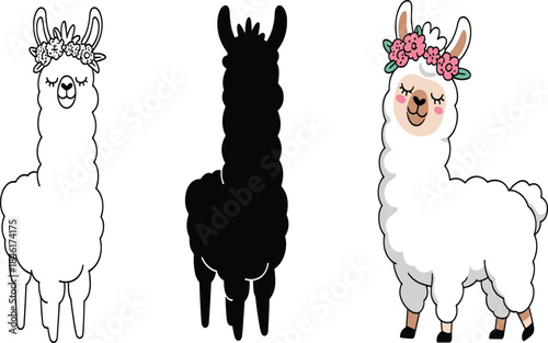 Cute llama illustrations set featuring floral crowns, minimalist black silhouette, adorable fluffy alpaca characters
