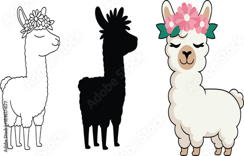 Cute llama illustrations set featuring floral crowns, minimalist black silhouette, adorable fluffy alpaca characters