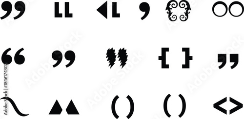 Typography symbols, punctuation marks, curly quotes, straight quotes, brackets, glyphs, design elements, typographic icons, black symbols, white background