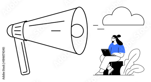 Digital communication concept. A megaphone outreach and a person works on a laptop near a cloud icon reflecting online connectivity. Perfect for marketing, remote work, social media, cloud computing