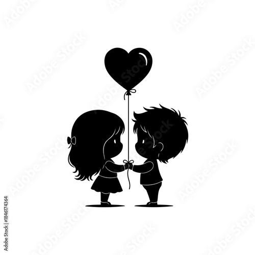 Cute cartoon silhouette of a young boy and girl sharing a heart-shaped balloon, symbolizing young love isolated on transparent background