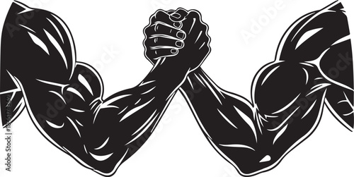 Silhouette of two muscular arms locked in a strong handshake symbolizing competition and strength
