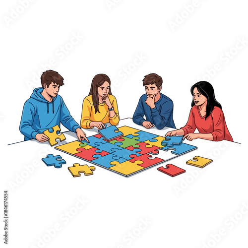 Four young adults collaborating to assemble a large, colorful jigsaw puzzle on a white table isolated on transparent background