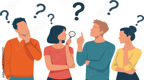 Flat illustration of diverse people thinking, asking questions, problem solving teamwork concept, curiosity brainstorming, confusion symbols isolated on white background