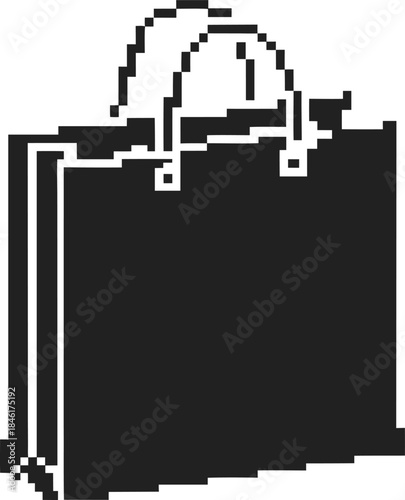 Shopping bag pixel icon in black and white minimalist style, retro digital commerce symbol for online retail and e commerce themes