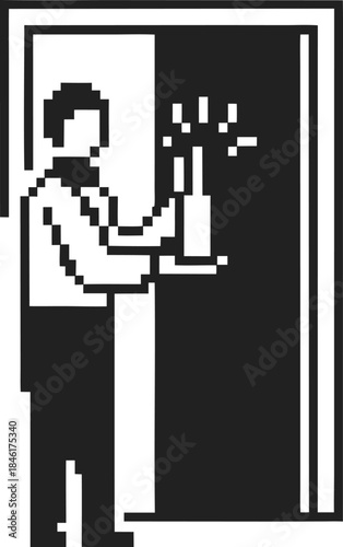 Pixel art waiter holding bottle and glasses on serving tray, standing beside open door in minimalist black and white
