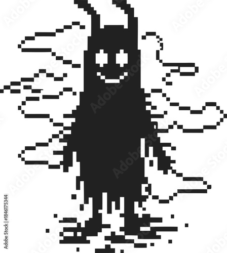 glitchy pixel monster character with eerie smile and drifting digital noise in retro black and white 8bit horror