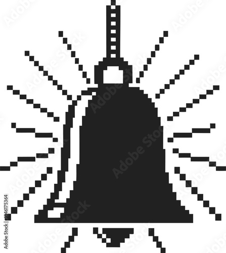Ringing bell icon with sound lines, black and white pixel art symbol for alert, alarm notification or reminder signal