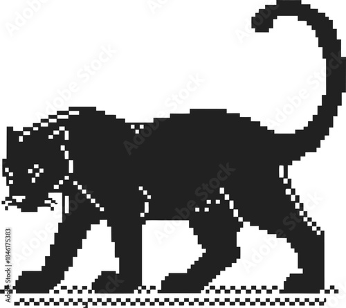 Pixelated black panther silhouette walking with raised tail retro 8 bit big cat icon on white background