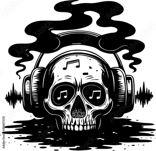 Skull wearing headphones with music notes and smoke monochrome dark audio wave illustration, spooky gothic listening concept