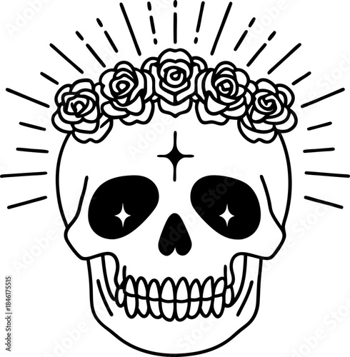 Floral sugar skull illustration with decorative roses crown and radiant line art, festive stylized skeleton head design