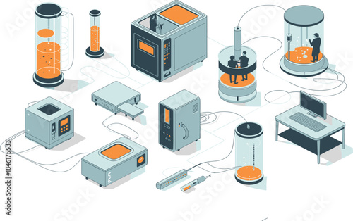 Futuristic, isometric, biotechnology, laboratory, equipment, advanced, medical, research, systems, digital, bioprocess