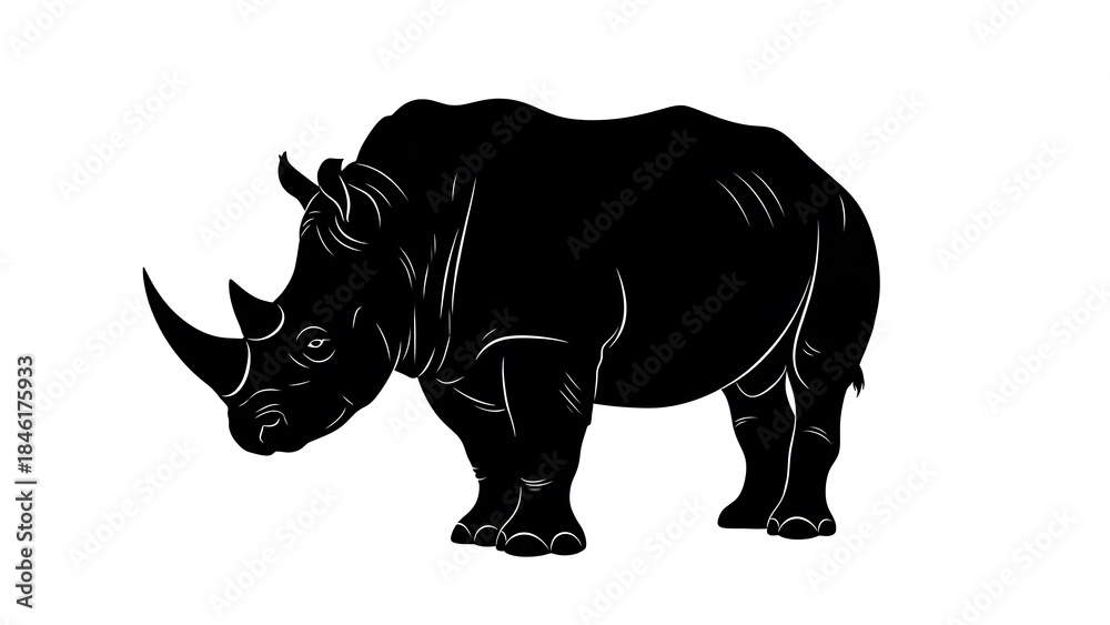 Obraz premium Solid black rhinoceros silhouette vector graphic provides a bold wildlife icon isolated on white.