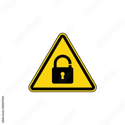Warning sign with an open padlock symbol for security risk and unauthorized access isolated on transparent background