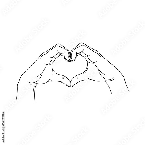 A minimalist line art illustration of two hands joining to form a heart shape isolated on transparent background