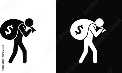 Thief carrying money bag silhouette icon, burglar symbol with dollar sack, black and white vector design for crime, security, and warning illustration