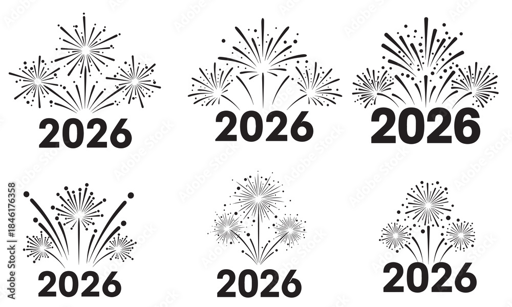 Obraz premium Set of six different black and white fireworks designs celebrating the year 2026