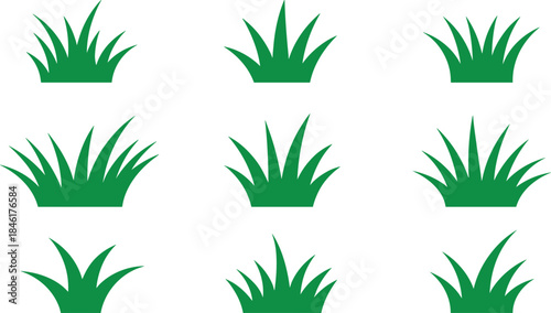 Green grass icon set, vector lawn and plant silhouettes, minimal flat design for nature, garden, landscape graphics, elements, symbols, collection