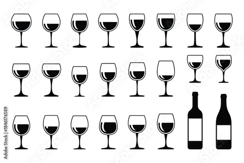 Collection of wine glasses and bottles in a monochrome style