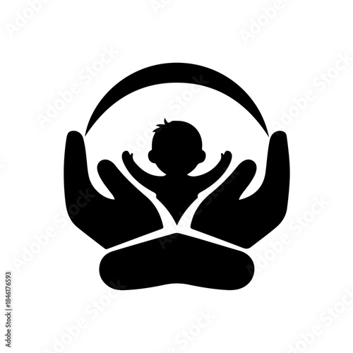 A minimalist black and white silhouette illustrating a baby being safely cradled in protective hands isolated on transparent background