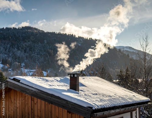 Sunny winter day reveals a snow-covered roof and mountain view