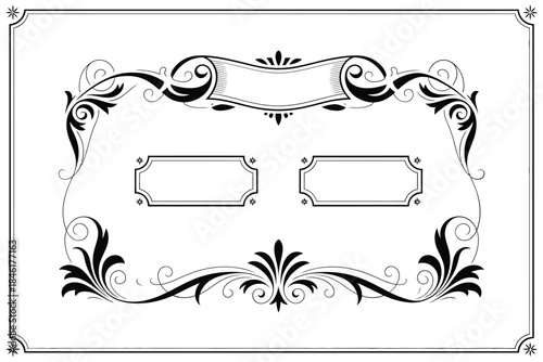 Elegant black and white decorative frame with ornate floral swirls