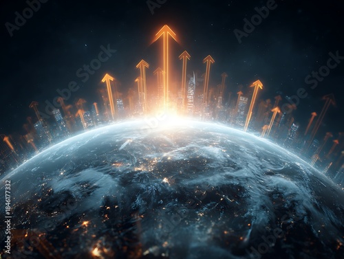 Global Ascension: Arrows Rising from Earth Toward Glowing Cityscape, Illustrating Growth, Progress, and Forward Motion in a Futuristic Vision