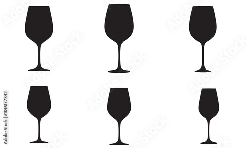 Set of six different black silhouettes of wine glasses for bar menu or drink design elements