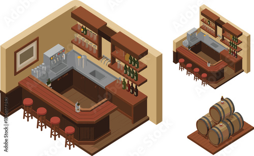 Isometric 3D illustration of rustic bar interior with beer taps, stools, shelves, barrels, pub design, isolated background,