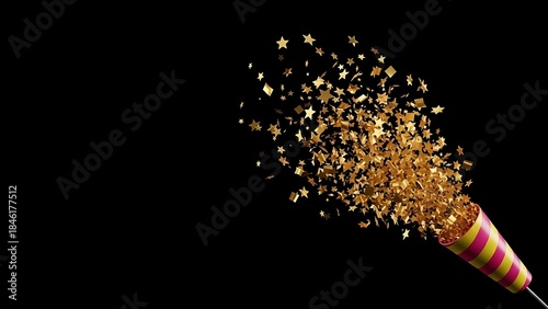 Explosion of Golden Confetti Stars from Party Popper on Black Background.