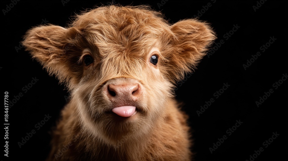 Fototapeta premium A young, fluffy calf playfully pokes its tongue out while looking directly at the camera. The black background emphasizes its light brown fur and charming expression.