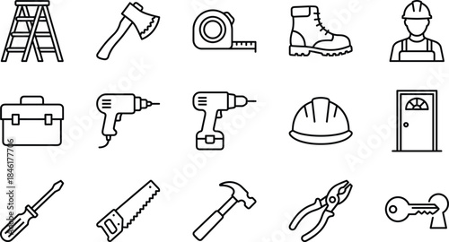 Construction tools icons set, handyman equipment symbols, repair and renovation line art, builder worker vector collection, industrial outline style design.