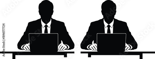 Two businessmen working on laptops at office desk, teamwork and communication concept, professional partnership collaboration, corporate success and digital technology illustration