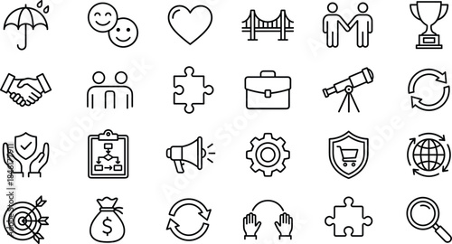 Business icons set, corporate partnership symbols, strategy and teamwork line art, management success vector collection, finance and goal outline design.