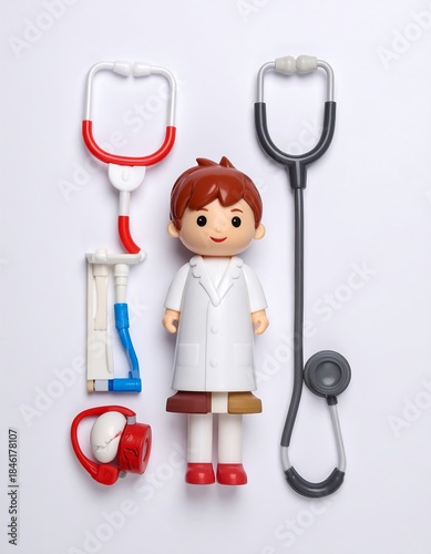 A children's toy doctor stands between two stethoscopes and healthcare accessories