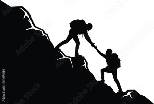 Two hikers helping each other climbing mountain, teamwork and support concept, adventure silhouette vector illustration, mountain climbing motivation and success design