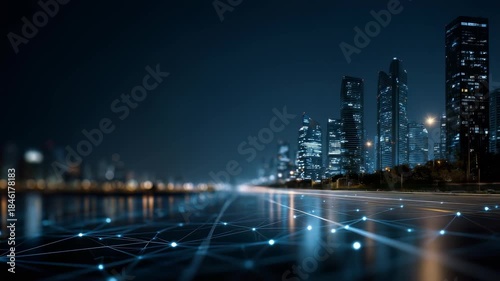 Wallpaper Mural Night view of a high tech cityscape with glowing buildings and abstract digital lines representing connectivity. The scene highlights the integration of smart technology in urban environments Torontodigital.ca