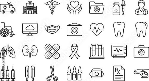 Set of medical icons, healthcare symbols, hospital equipment line art, doctor and emergency vector collection, linear medicine elements, flat outline style design.