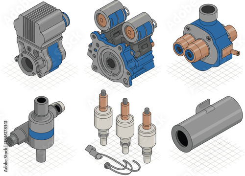 Isometric illustration of various mechanical engine components, detailed automotive parts, industrial machinery elements
