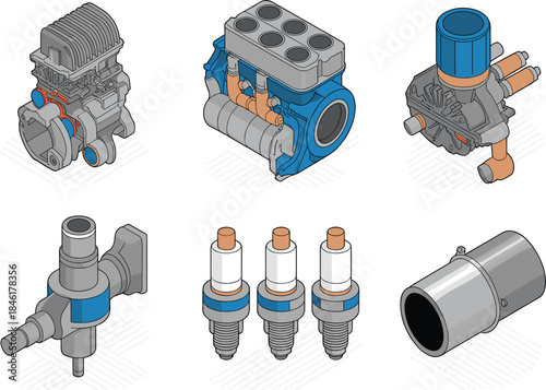 Isometric illustration of various mechanical engine components, detailed automotive parts, industrial machinery elements