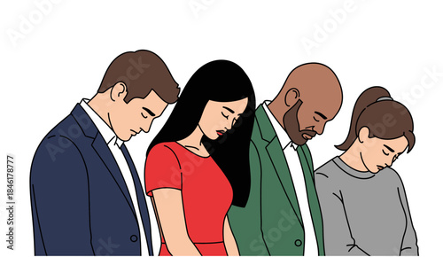 Diverse Group of People Bowing Their Heads in Prayer or Moment of Silence.